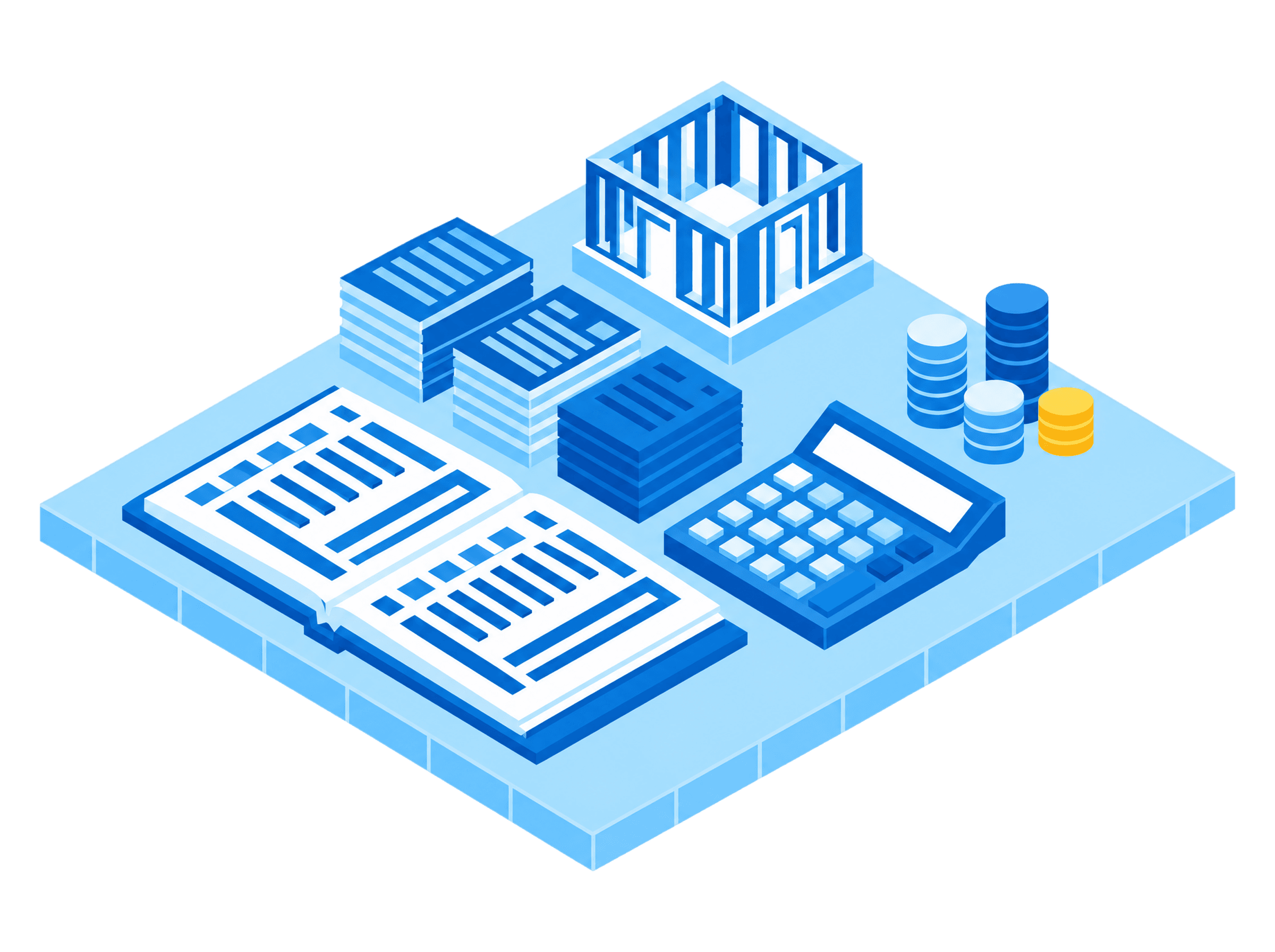 Flat isometric desk scene with an open ledger, stacks of invoice papers, a calculator, coin stacks, and a small framed-house model, the books kept in Yglu, tied to the job.