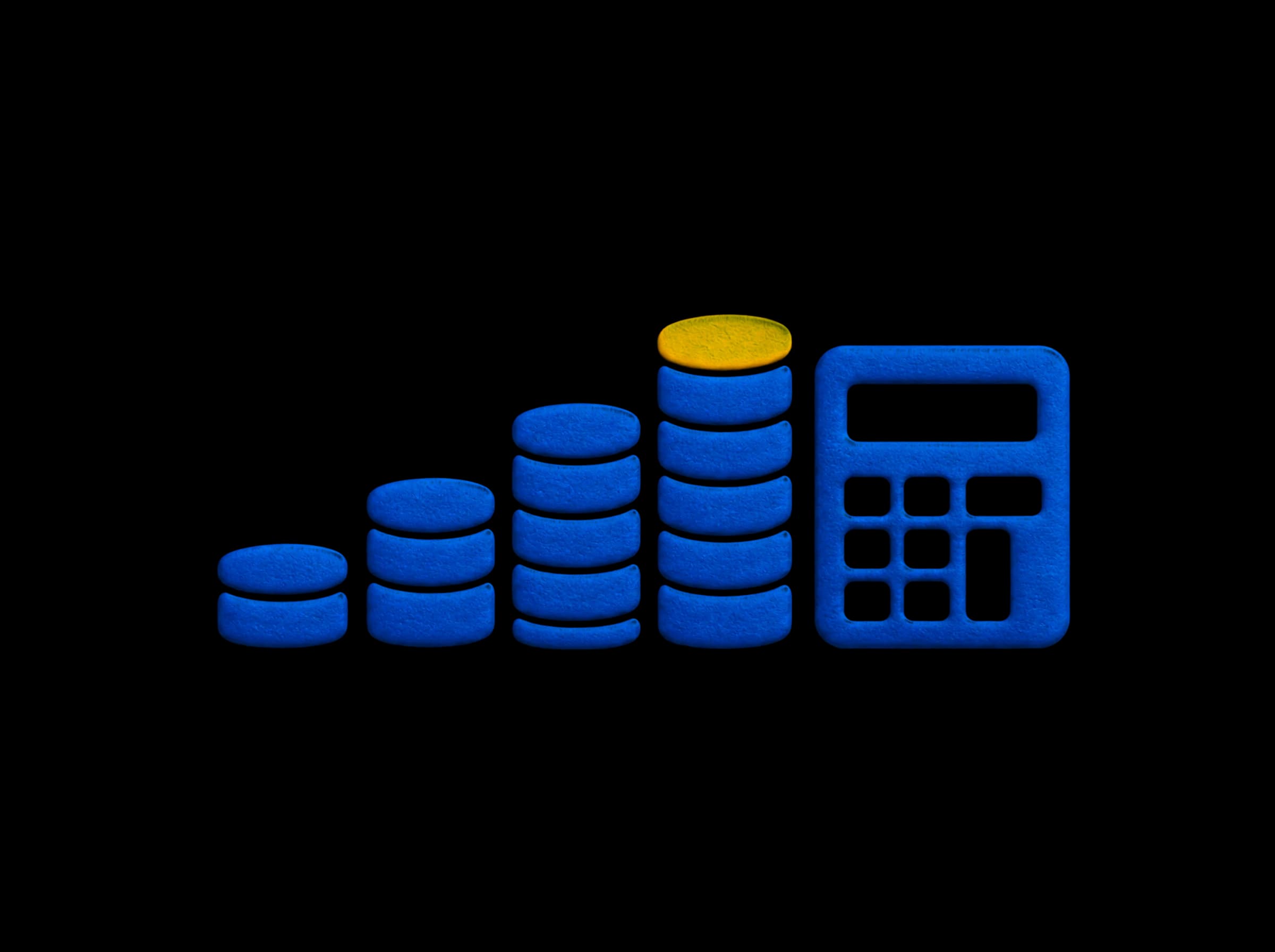 Pressed-paper illustration: coin stacks rising like a bar chart beside a calculator.