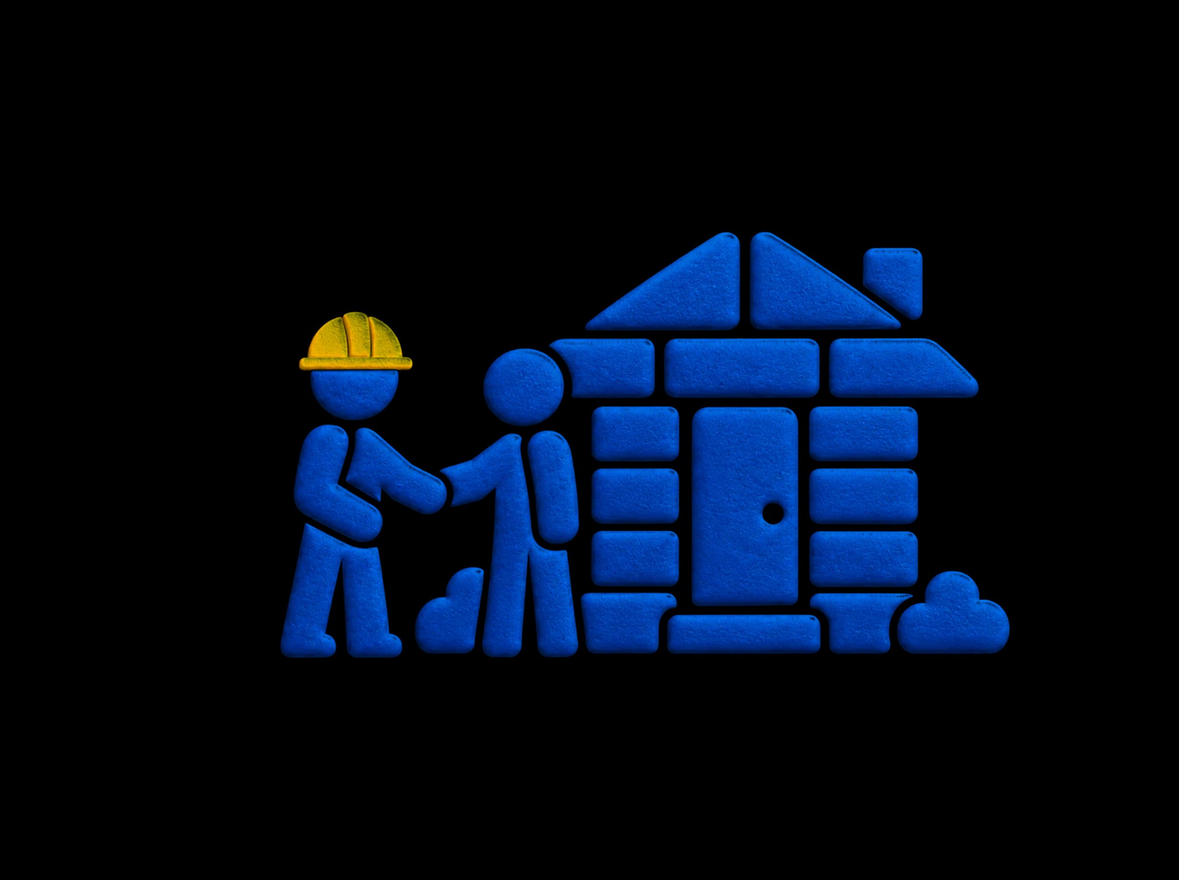 Pressed-paper illustration: a builder in a yellow hard hat shaking hands with a homeowner in front of a finished brick house.