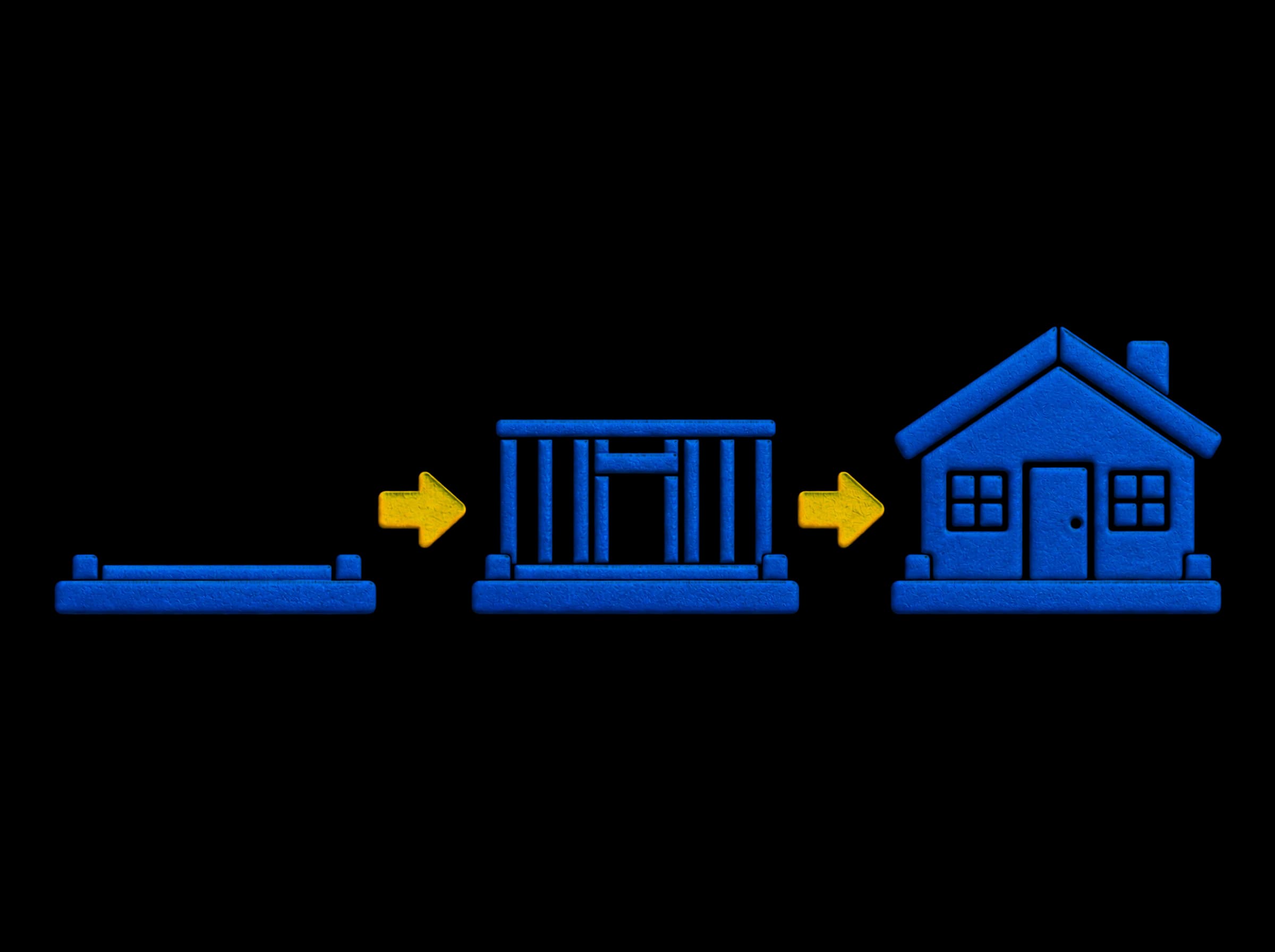 Pressed-paper illustration: one house in three stages joined by arrows, a bare slab, the walls framed, and the finished house.