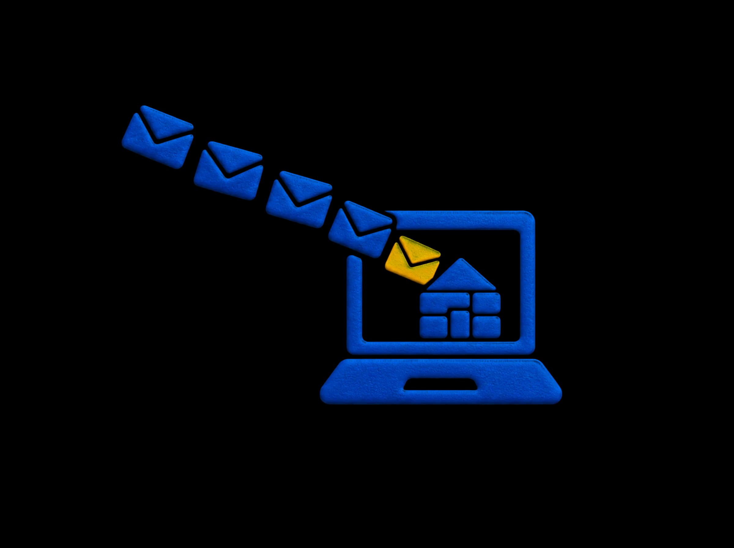 Pressed-paper illustration: envelopes streaming into a laptop with a small brick house on screen, enquiries arriving through the builder's website.