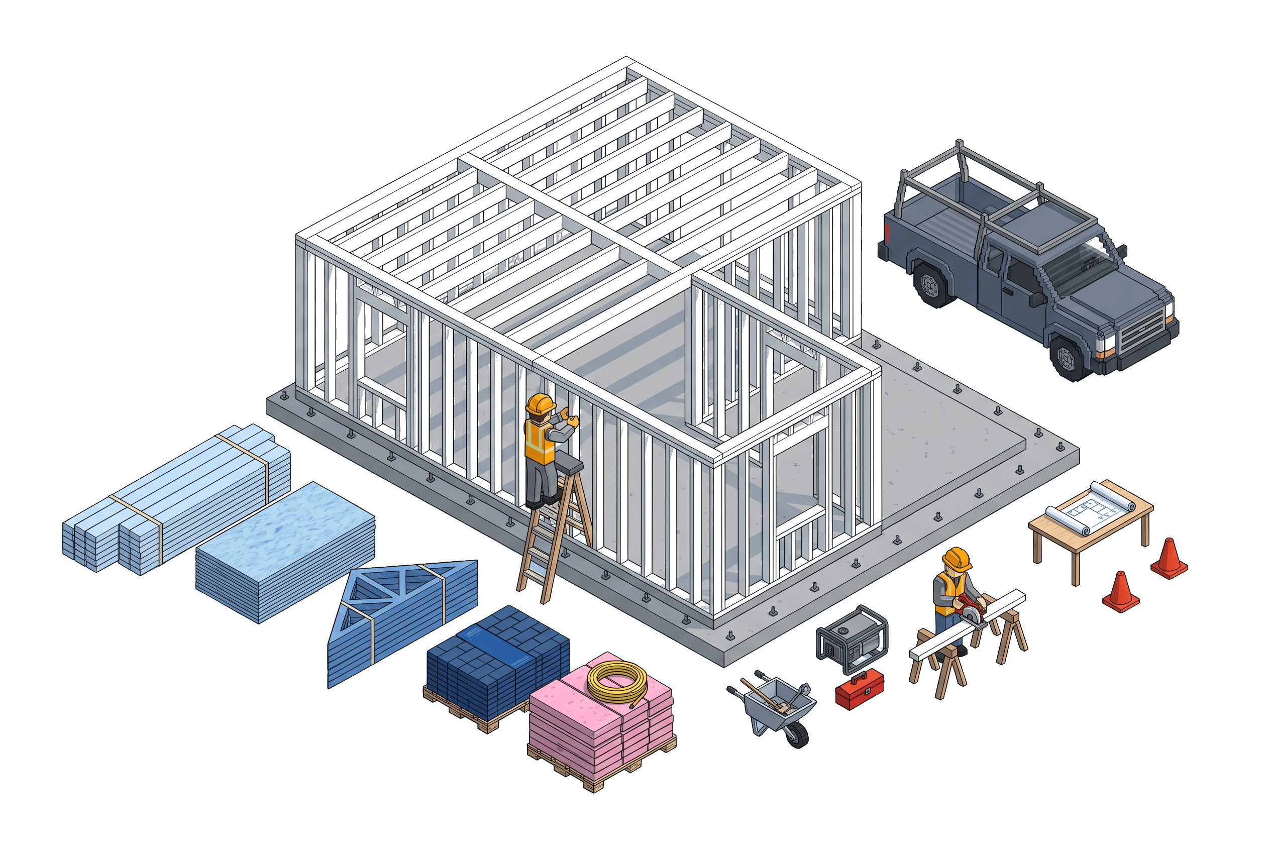 Voxel scene of a custom home mid-build with a builder holding a tablet, portfolio pages and a homeowner portal floating beside it, the pieces of the CoConstruct workflow, kept intact on a platform the builder owns.