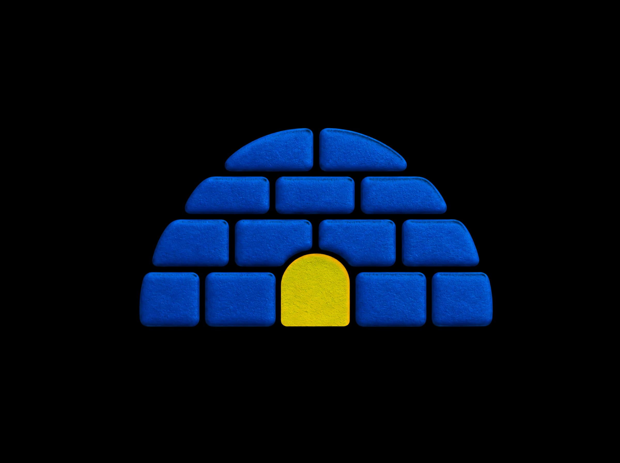 Pressed-paper illustration: a brick igloo with a warm light glowing in its doorway, the small shop where Yglu is built.