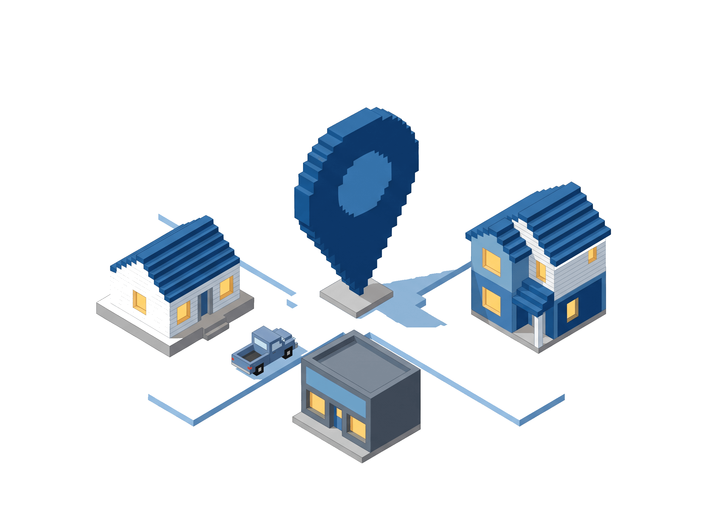 Voxel map view of a small Morristown neighborhood with a deep-blue pin, three homes along pale-blue roads, and a pickup truck, the builders we serve in this specific area.