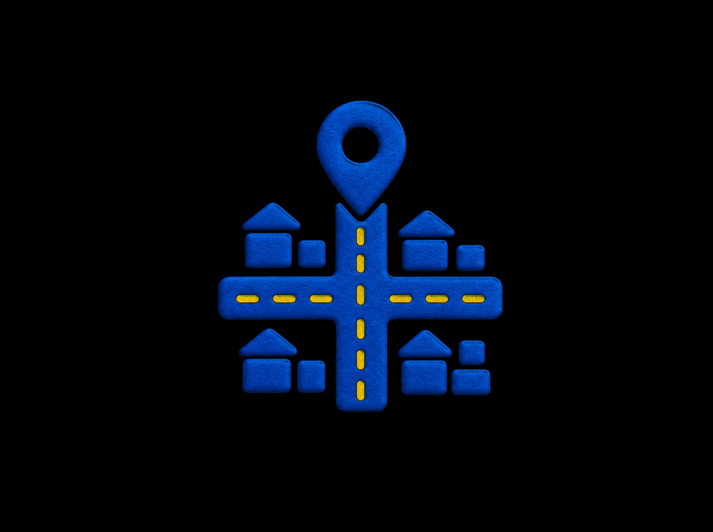Pressed-paper illustration: a map pin over a small Dayton neighborhood with yellow center lines on the streets.