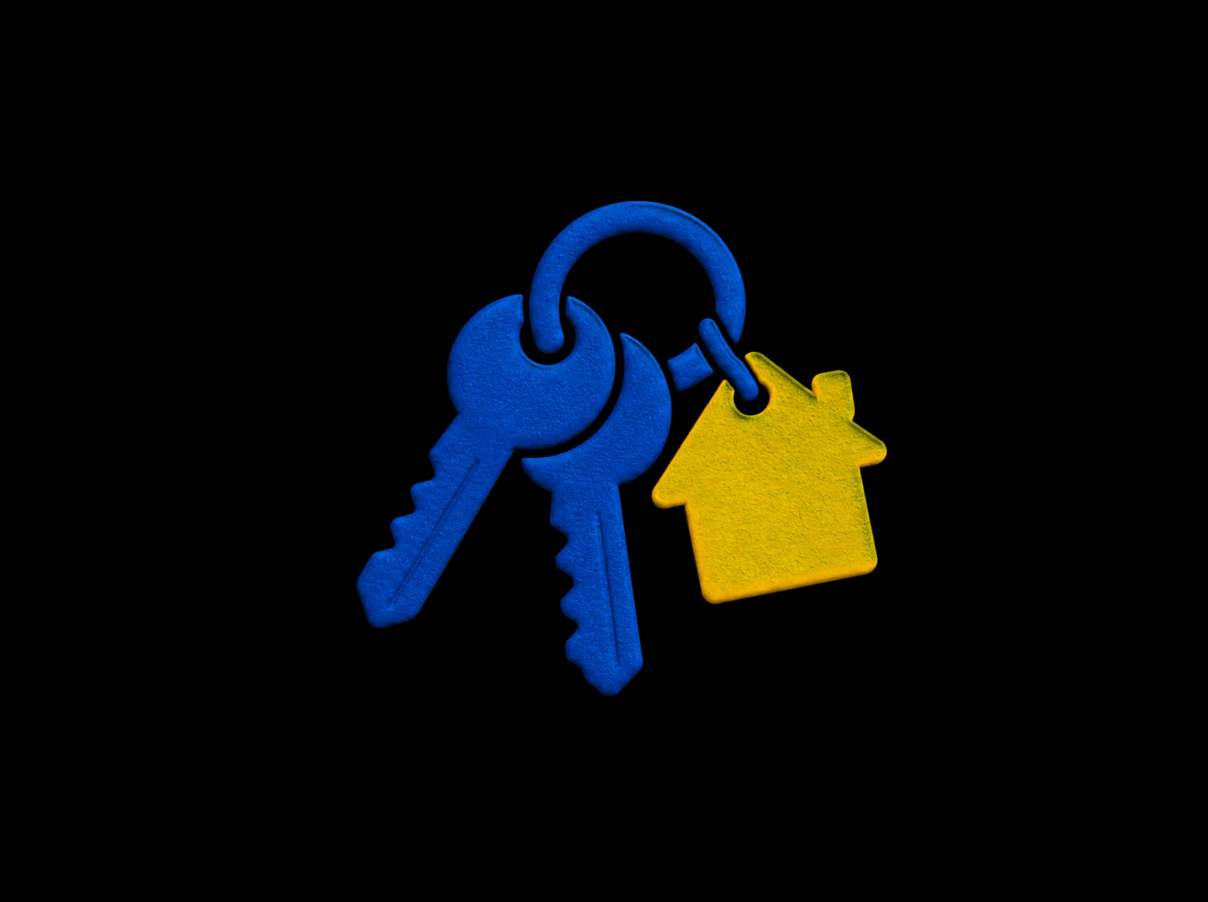 Pressed-paper illustration: a ring of house keys with a yellow house-shaped key tag.