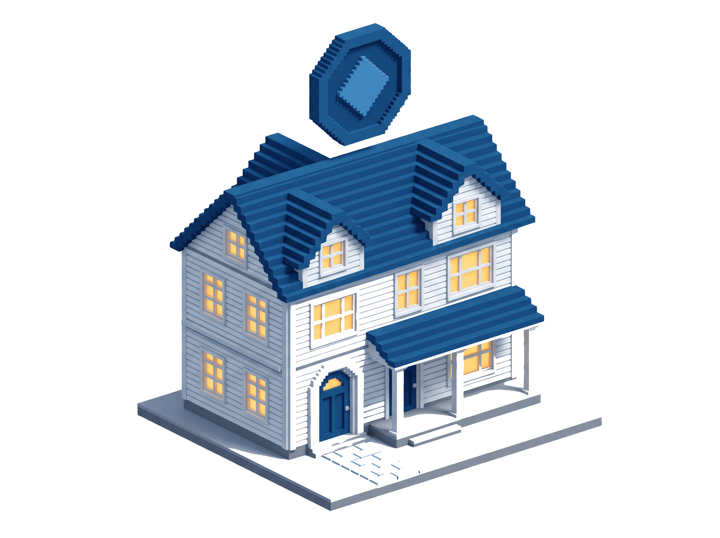 Voxel scene of a builder holding a set of keys standing in front of a completed home, the platform, the website, the data, all handed over.