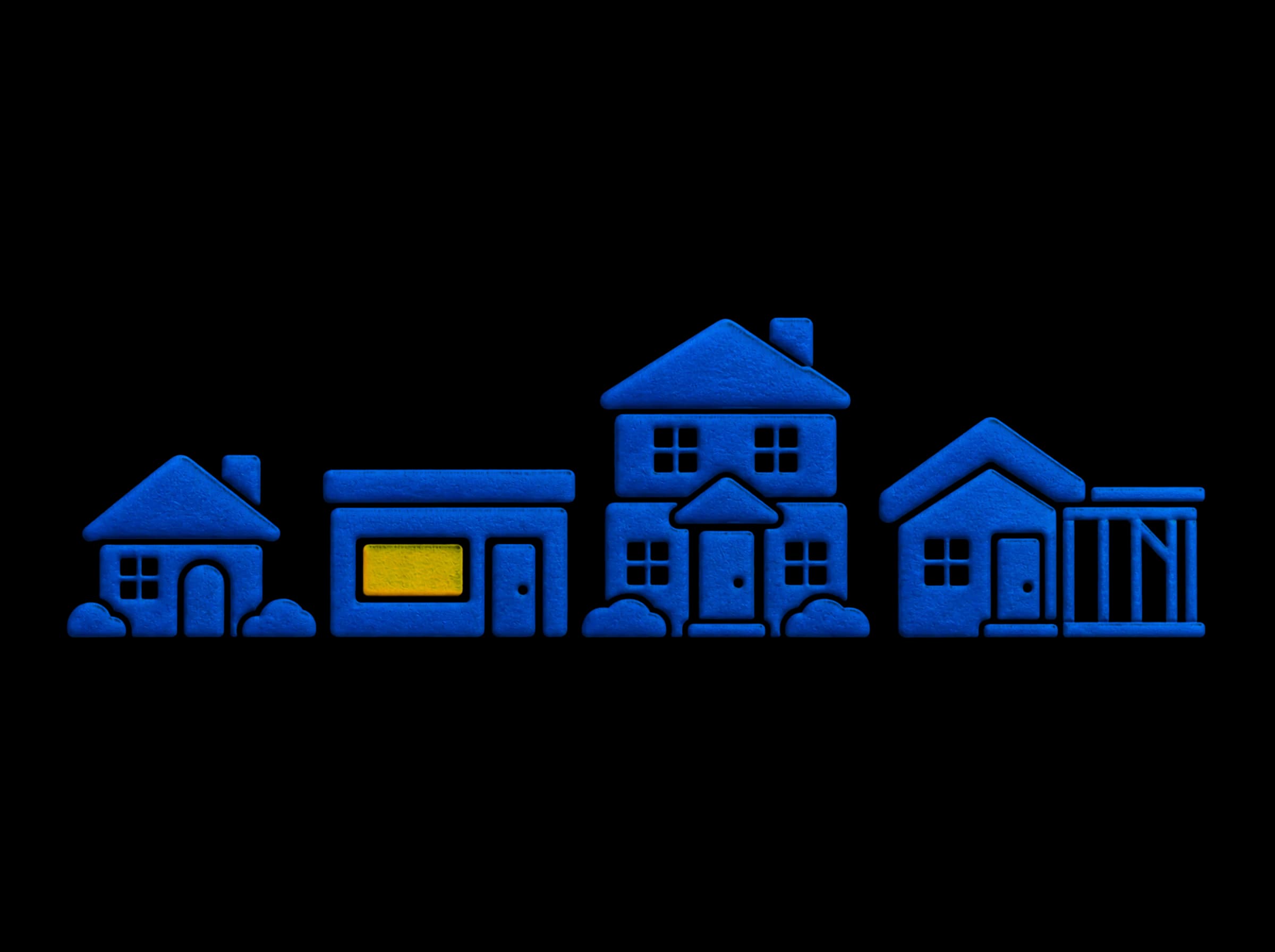 Pressed-paper illustration: four kinds of buildings side by side, a cottage, a commercial shop, a two-story custom home and a house getting a framed addition.