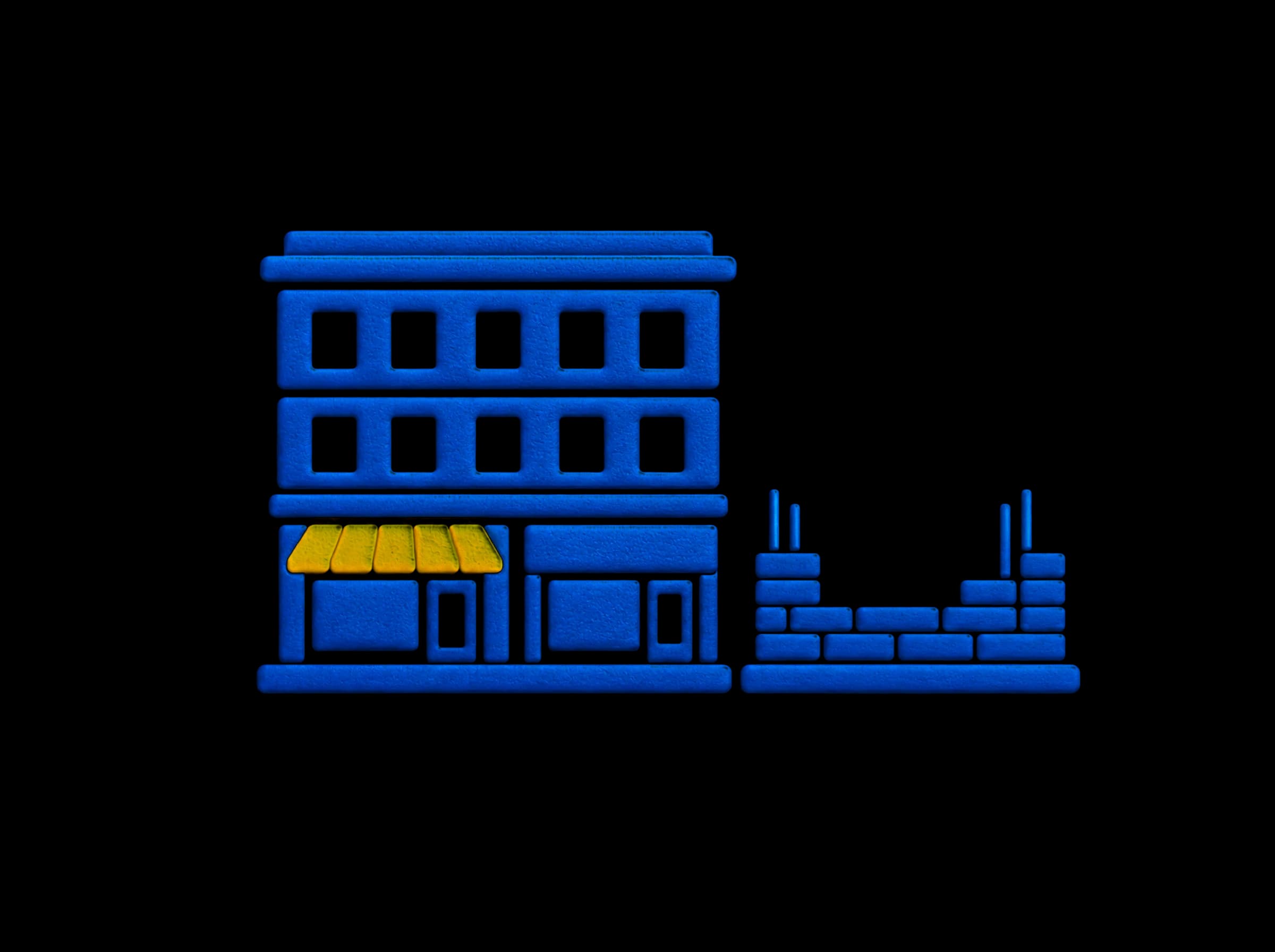 Pressed-paper illustration: a finished three-story mixed-use building with storefronts, and a second commercial building going up beside it.