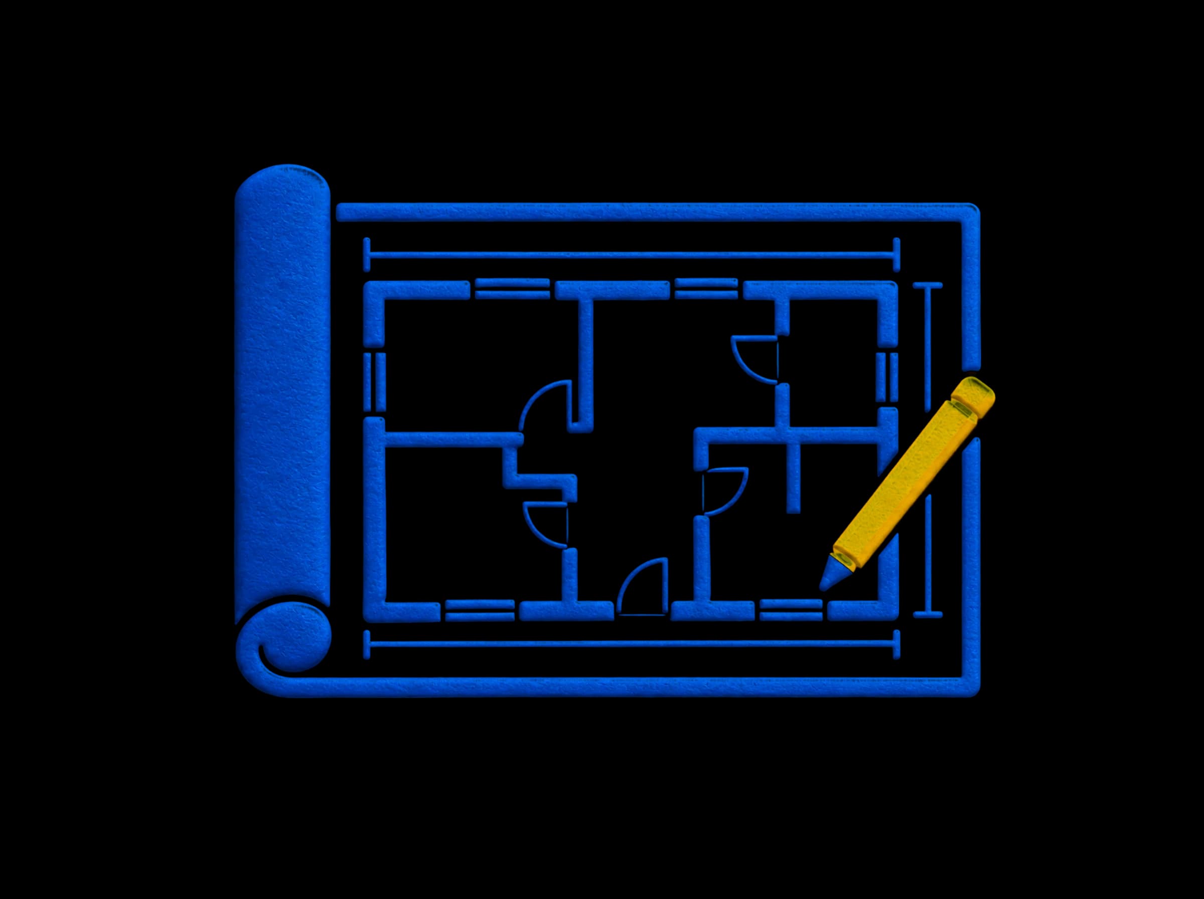 Pressed-paper illustration: a blueprint unrolled to show a detailed floor plan, with a yellow pencil resting on it.