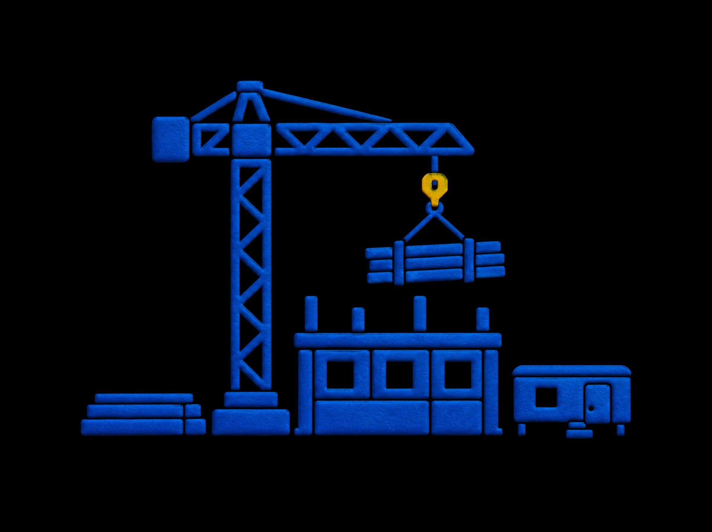 Pressed-paper illustration: a tower crane lifting beams over a commercial building going up, with a site trailer beside it.