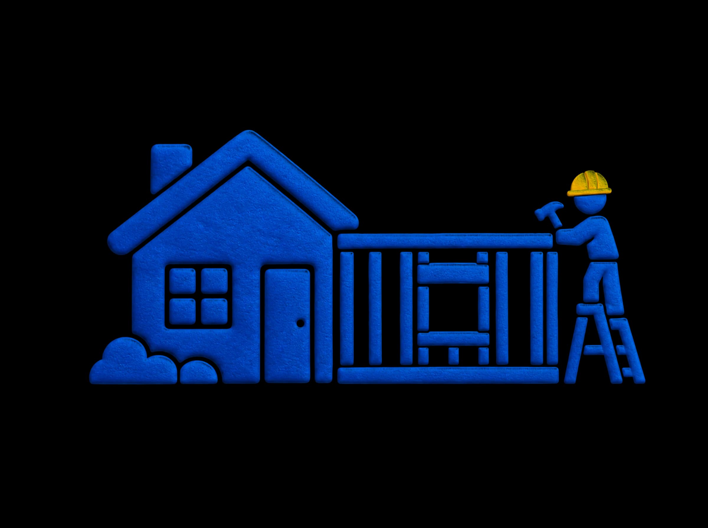 Pressed-paper illustration: an existing house with a new framed addition on its side and a builder on a step ladder.