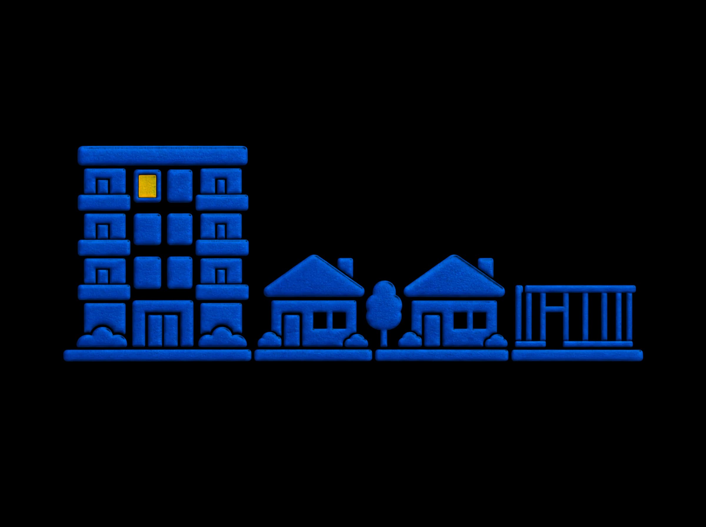 Pressed-paper illustration: an apartment building beside a row of new houses, the last one still framed.