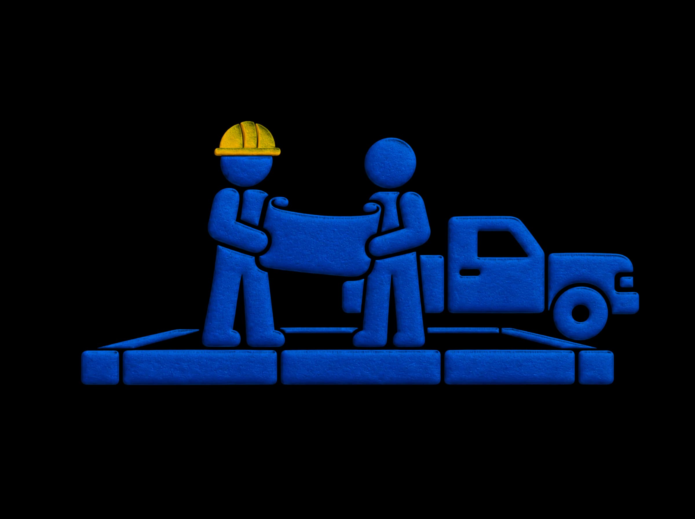 Pressed-paper illustration: a builder in a hard hat and Joseph from Yglu reviewing a plan on a bare slab, a pickup truck behind them.