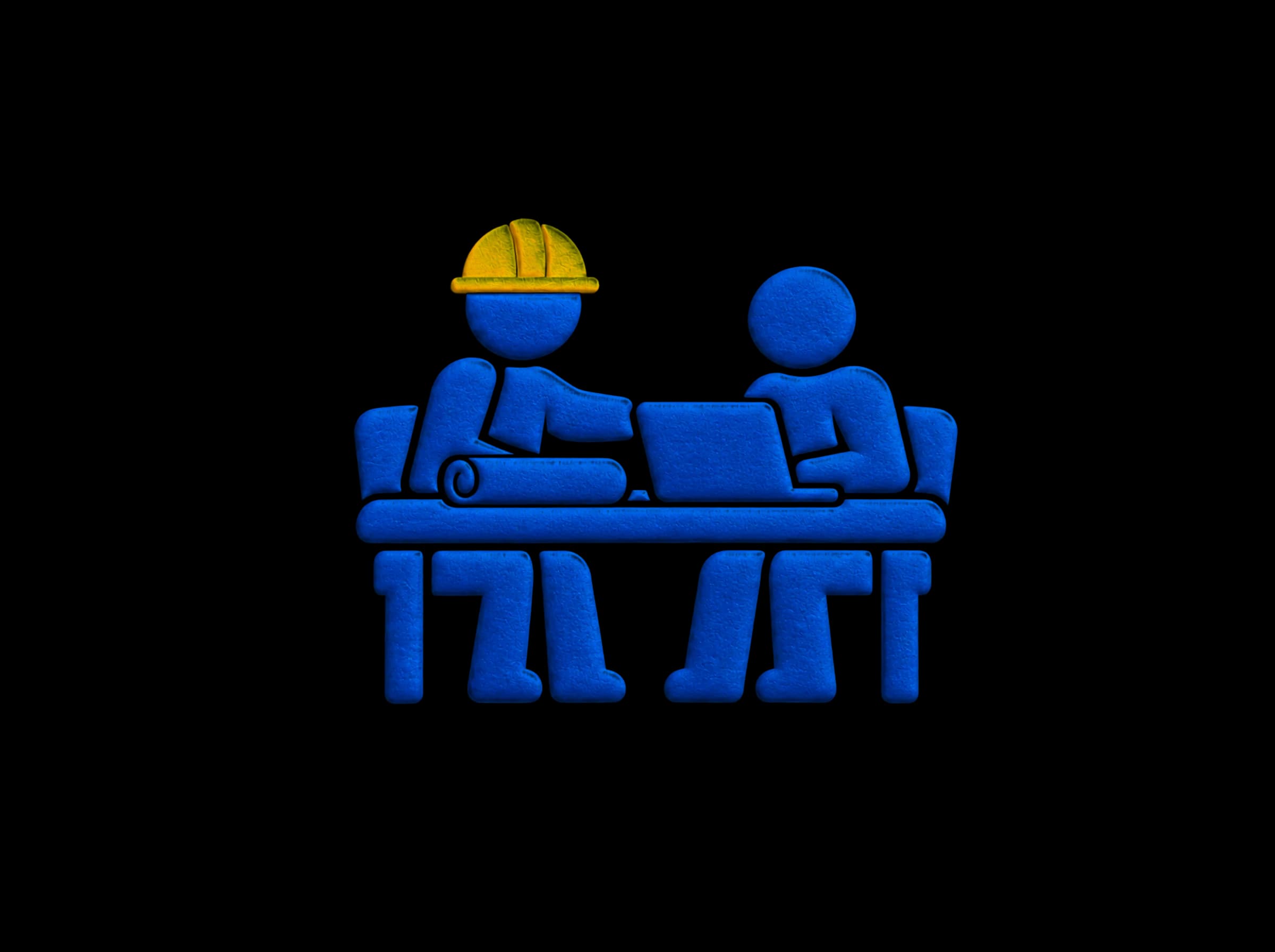 Pressed-paper illustration: a builder in a hard hat and Joseph from Yglu side by side at a table working on one laptop.