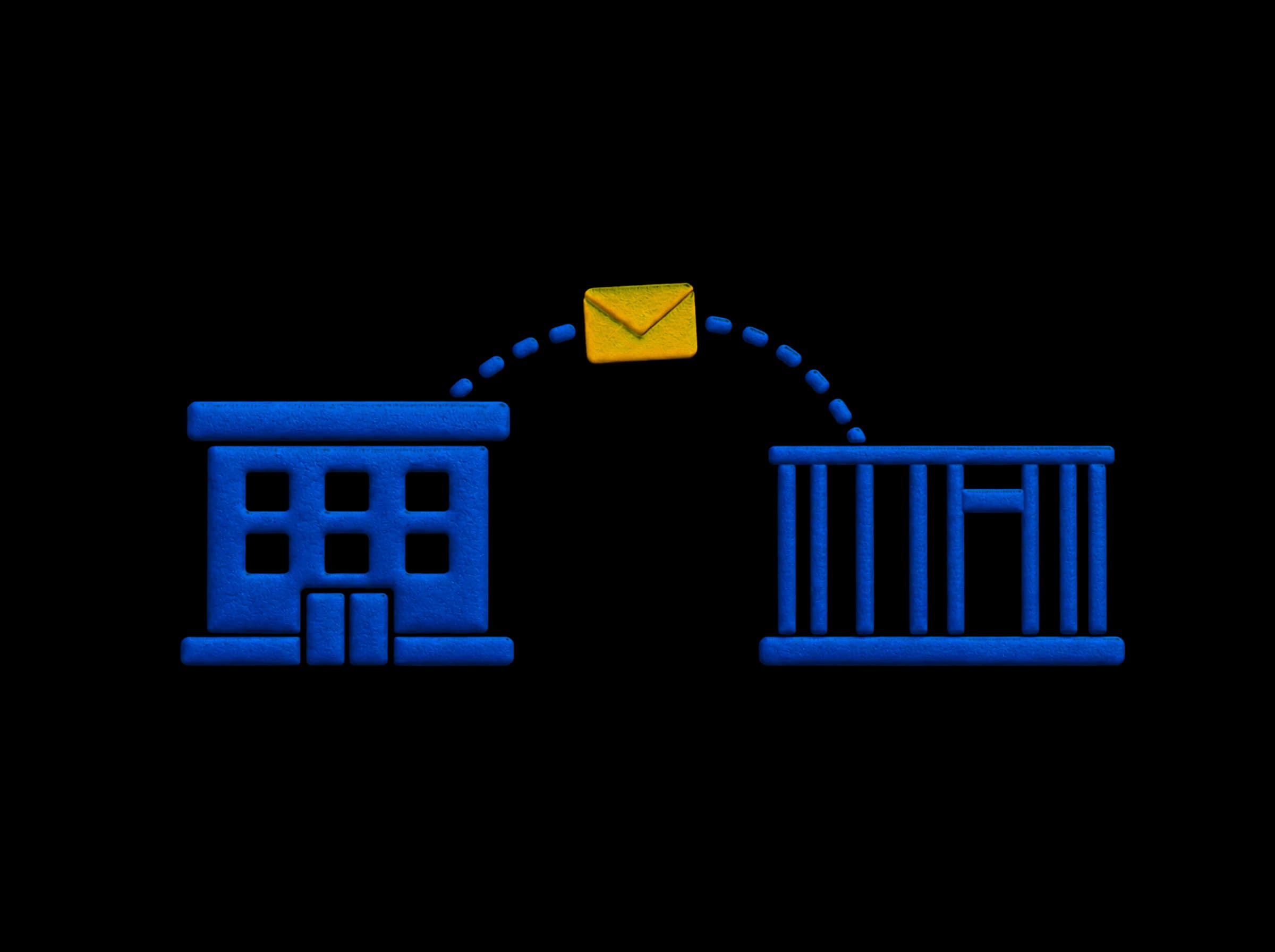 Pressed-paper illustration: the office and a house being framed, linked by a dotted line carrying a yellow envelope, office and field on one system.