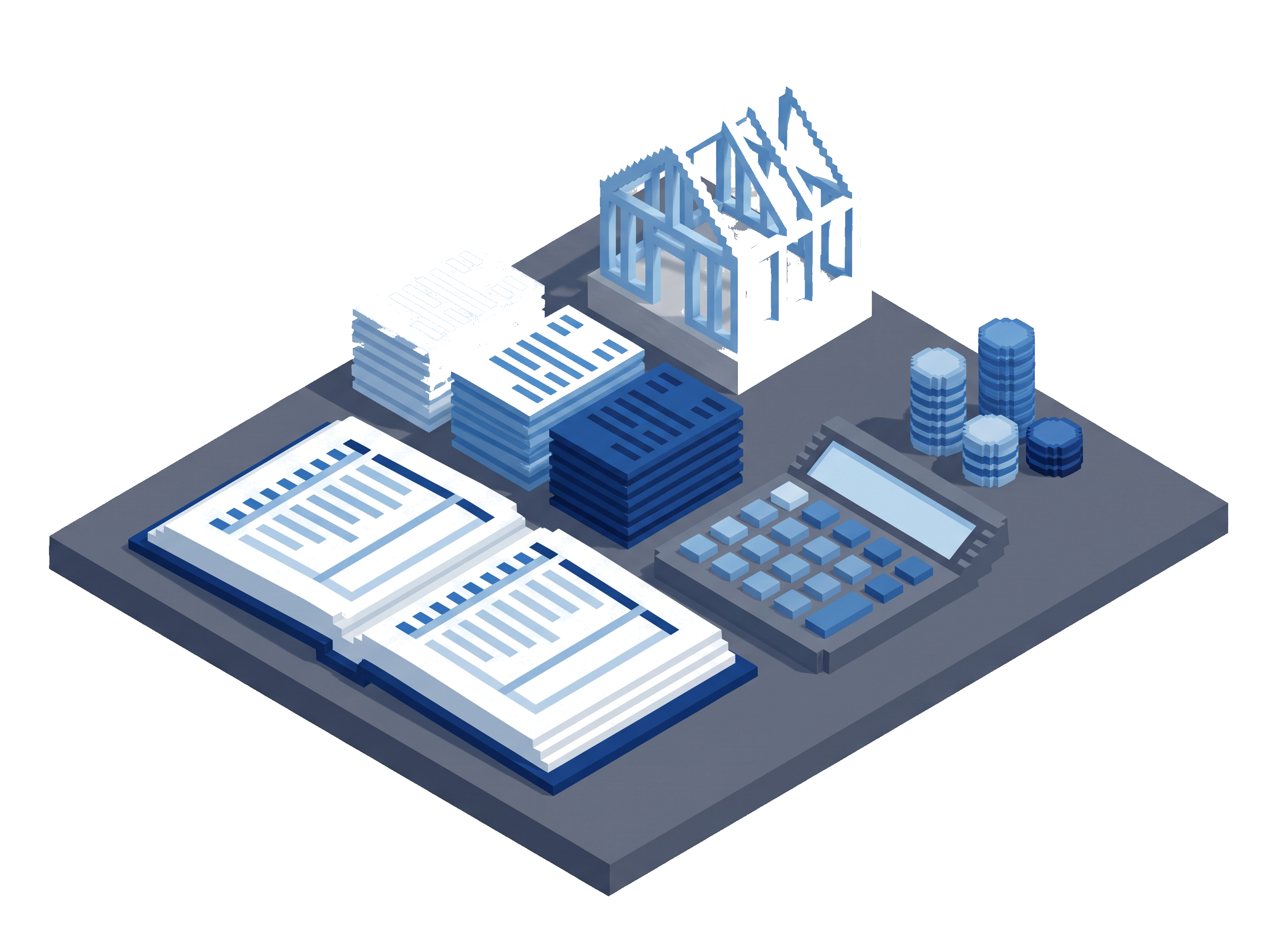 Voxel builder's office desk: open ledger book, stacks of invoice papers in blue tones, calculator, coin stacks, and a small framed house model.
