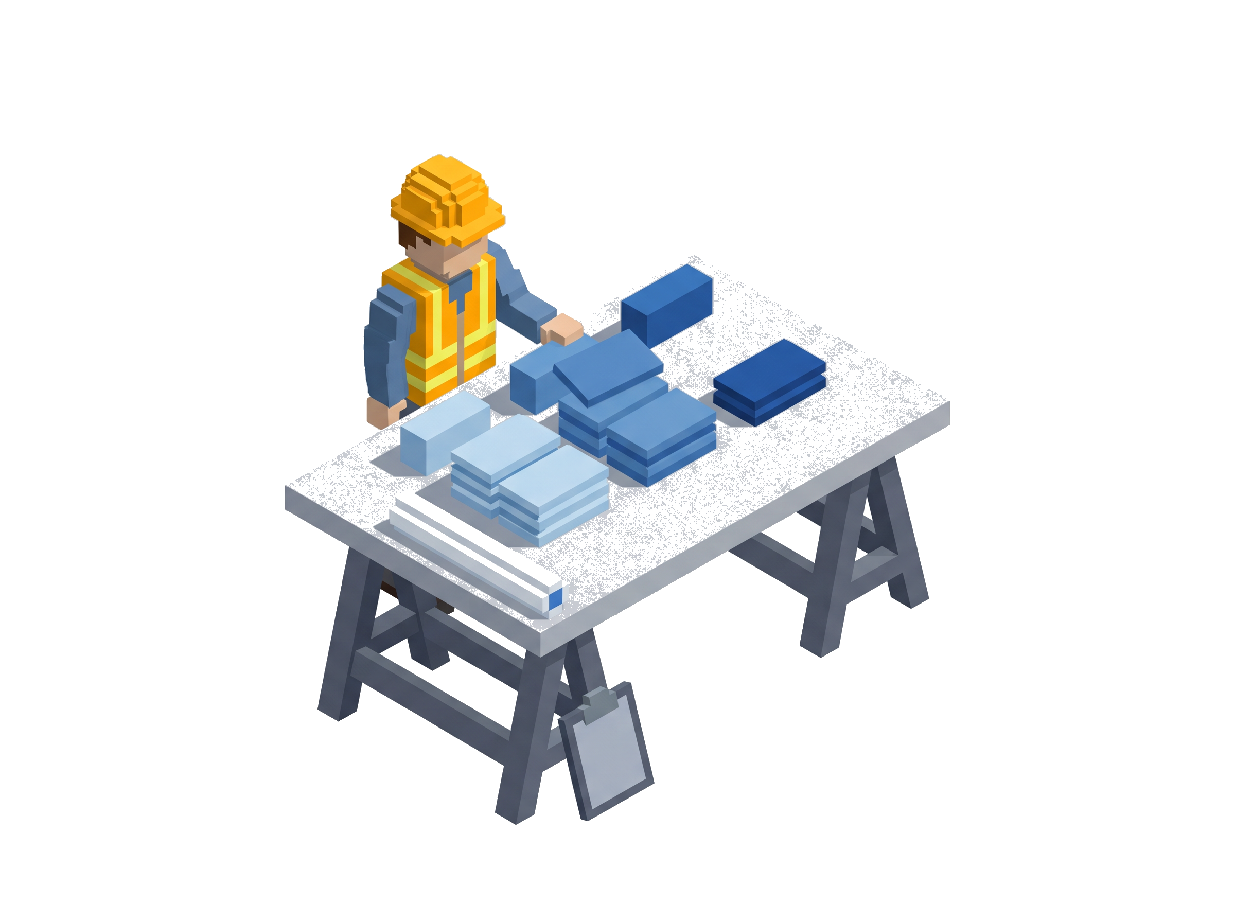 Voxel foreman at a sawhorse table sorting stacks of blue-tone lead cards across pipeline stages.