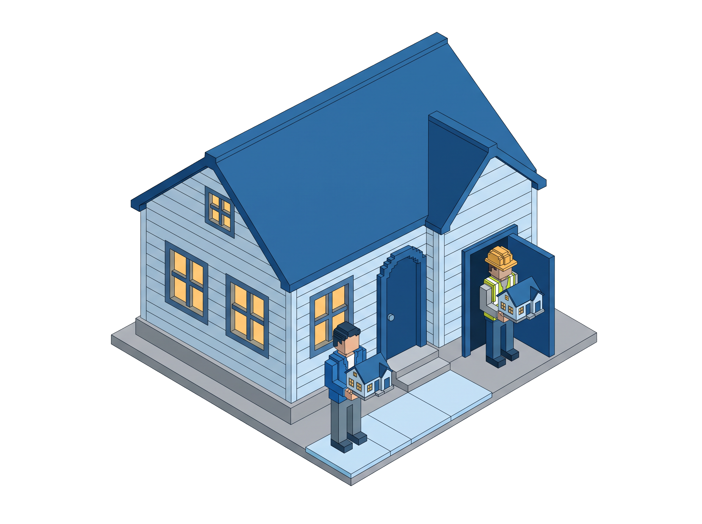 Voxel completed home with warm-lit windows and a homeowner holding a tablet showing project-progress bars — the client sees the same picture the team sees.