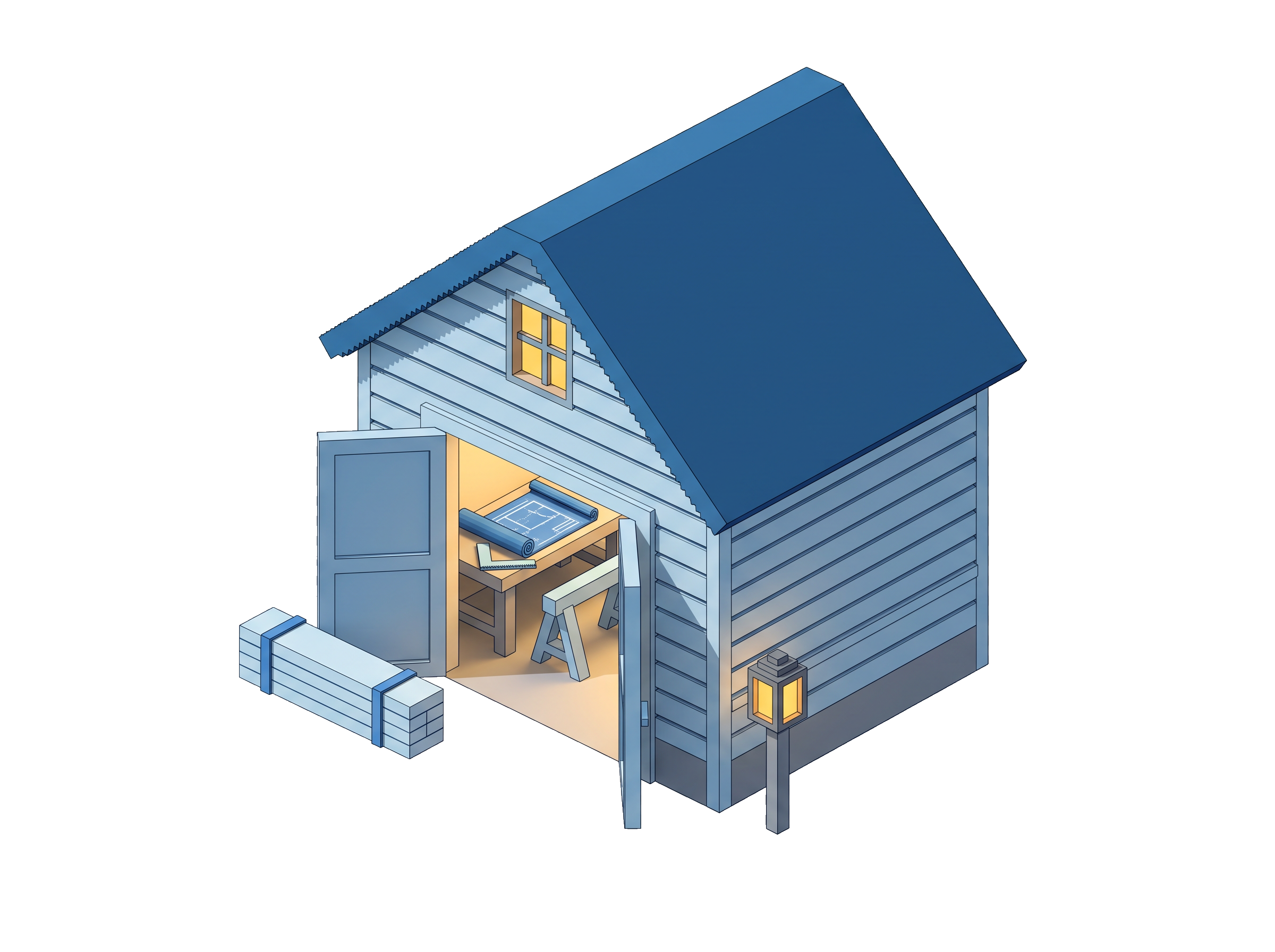 Voxel workshop scene: a single L-shaped desk with a monitor showing blue UI tiles, a shelf holding a small framed-house model and blueprints, one figure focused on the screen — the small shop where Yglu is built.