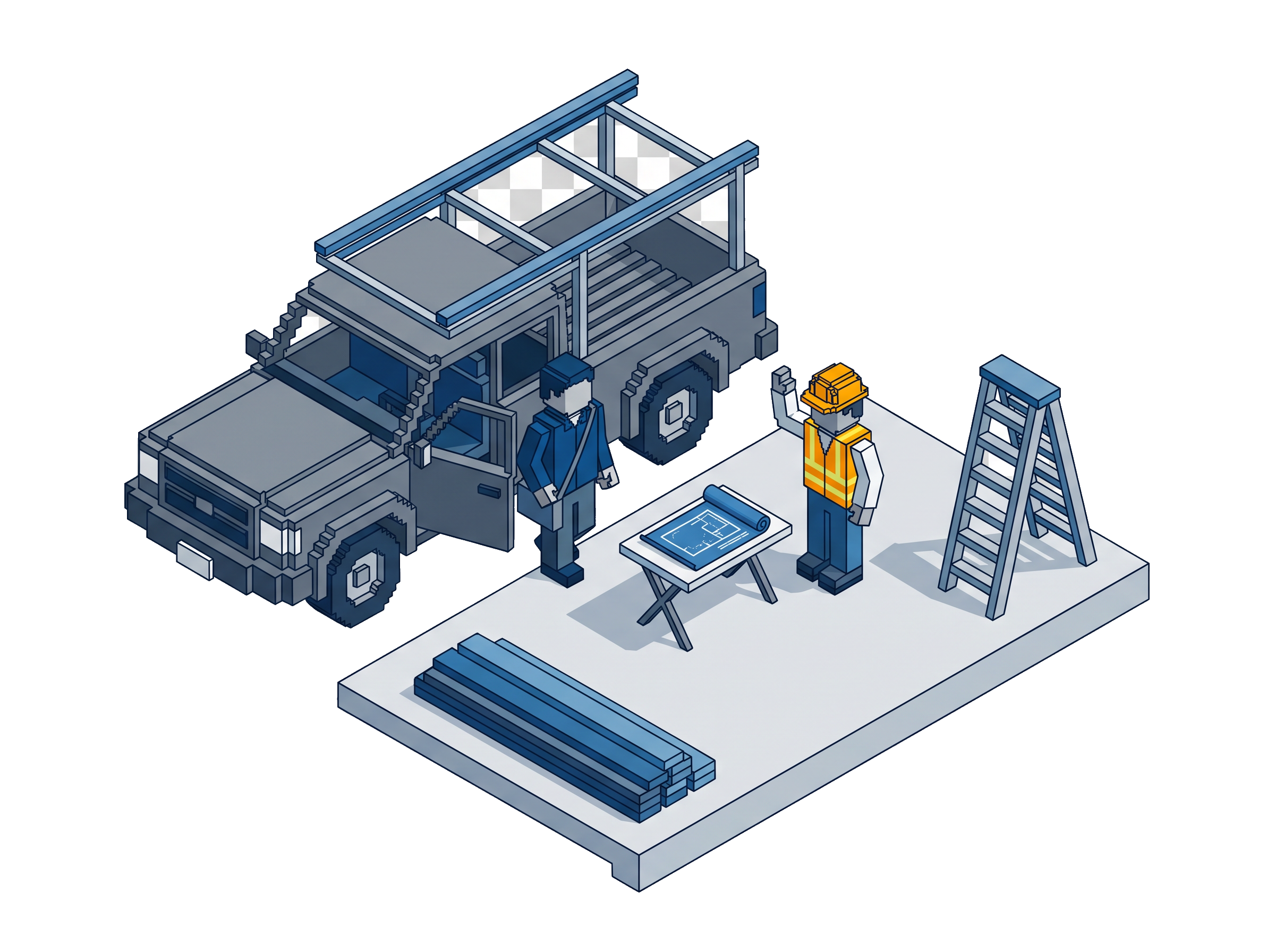 Voxel scene of a pickup truck arriving at a bare concrete foundation, Joseph from Yglu stepping out to greet a builder in a hard hat with hand raised in a wave — the first on-site visit.