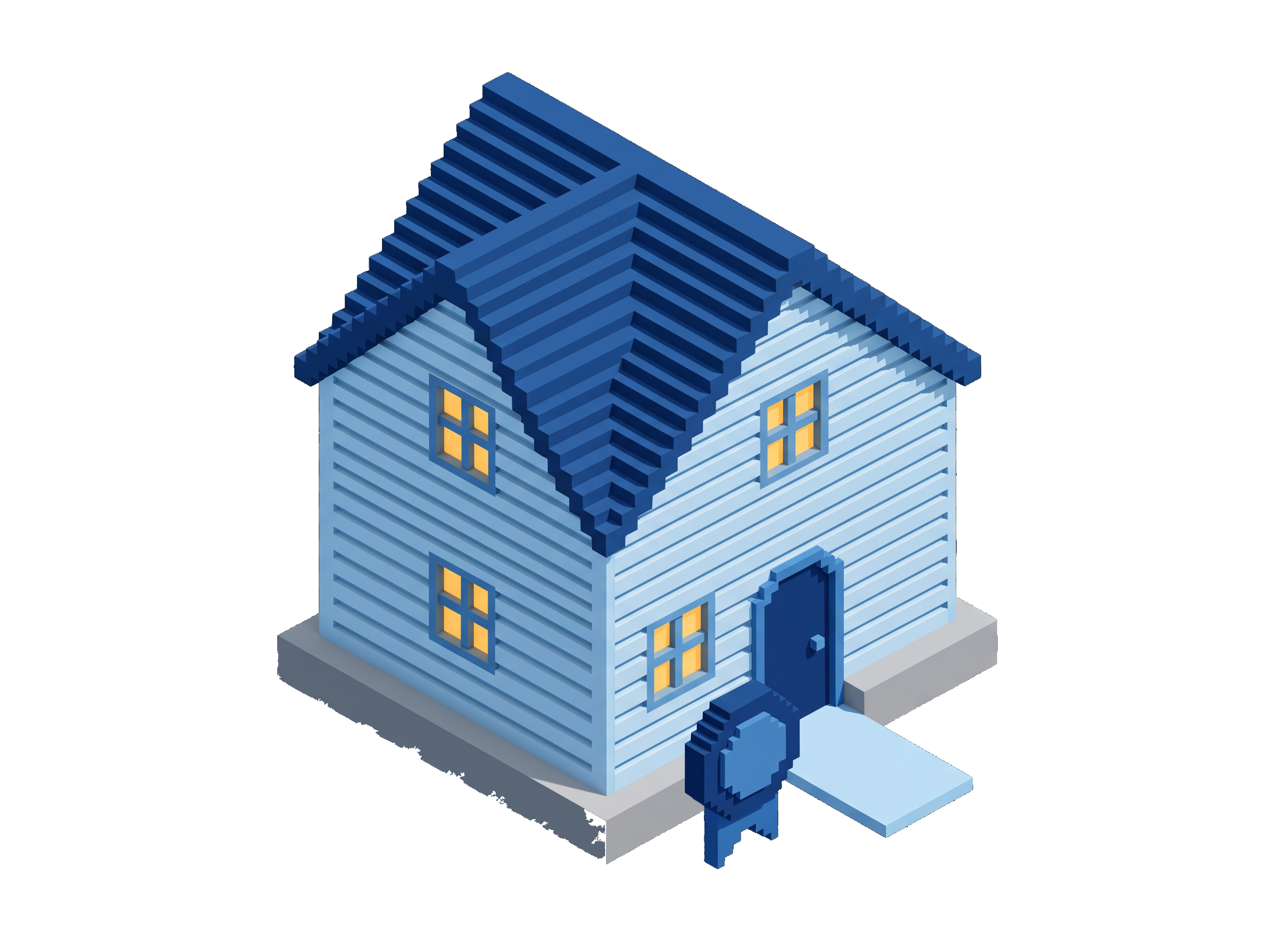 Voxel completed custom home with an award plaque on a pedestal in front and floating document cards beside it — finished builds, documented.