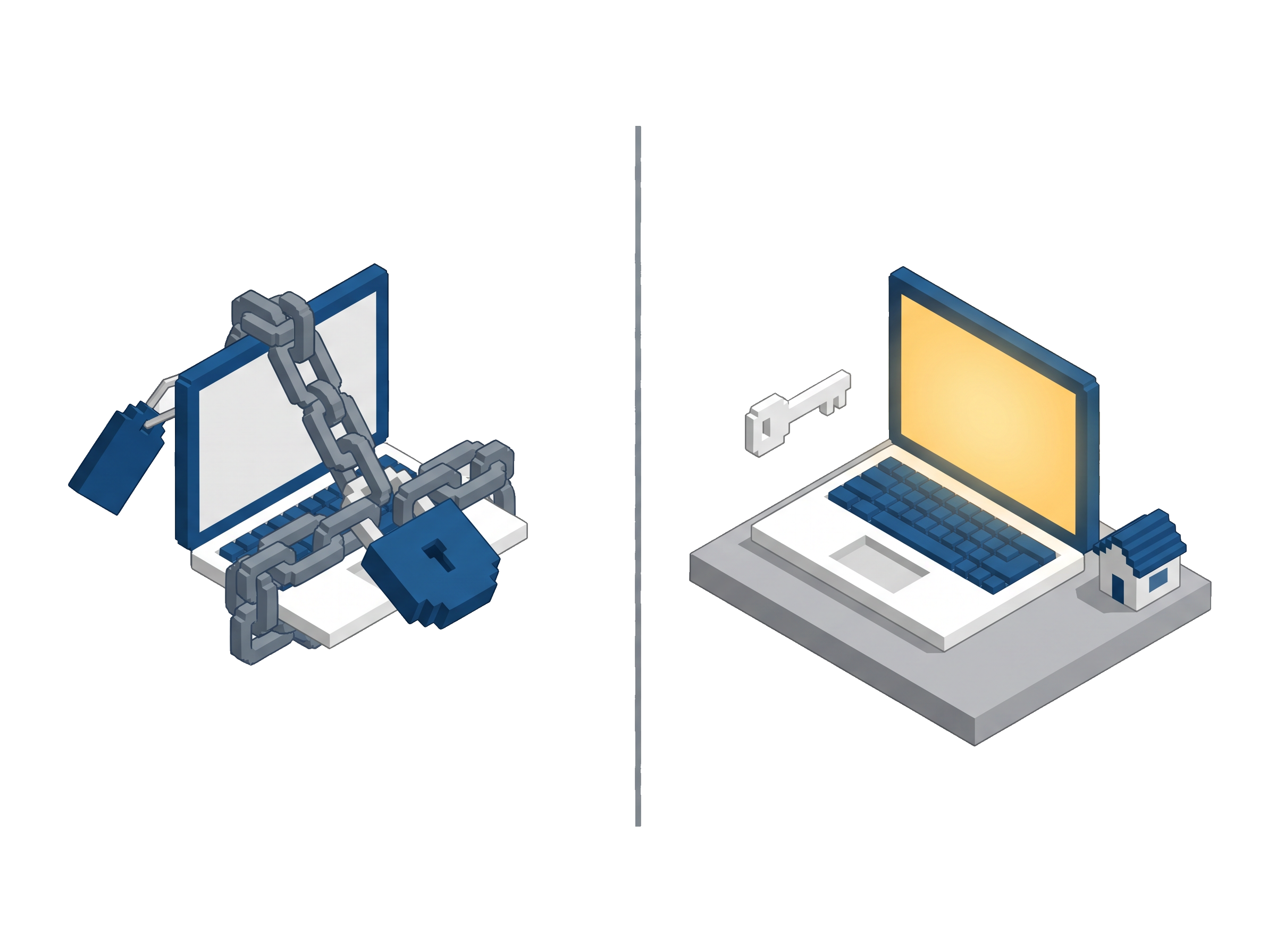 Split voxel scene: a chained laptop with a padlock on the left versus a free open laptop with a key and a small house model on the right — rented versus owned.
