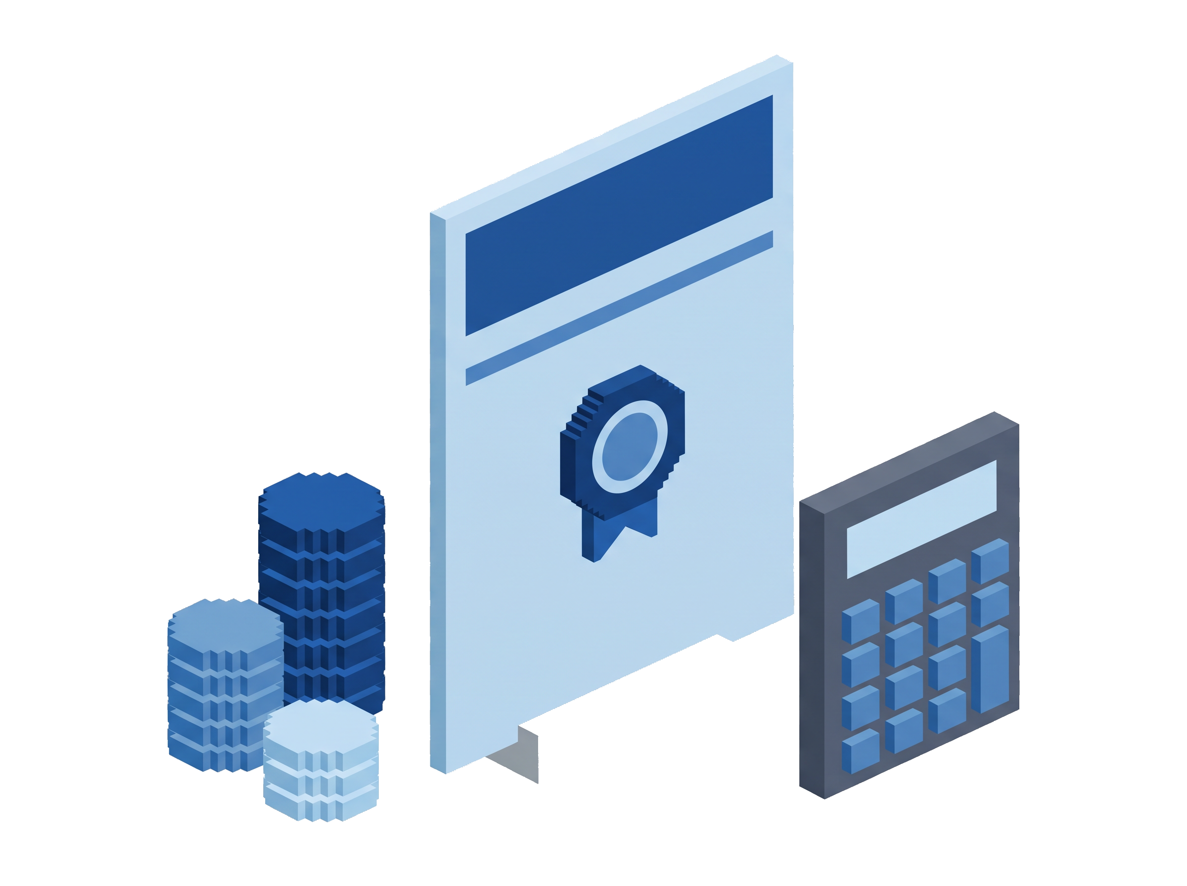 Voxel invoice card standing on a plinth with a blue seal badge in the corner, flanked by coin stacks and a calculator — one flat price, plainly stated.