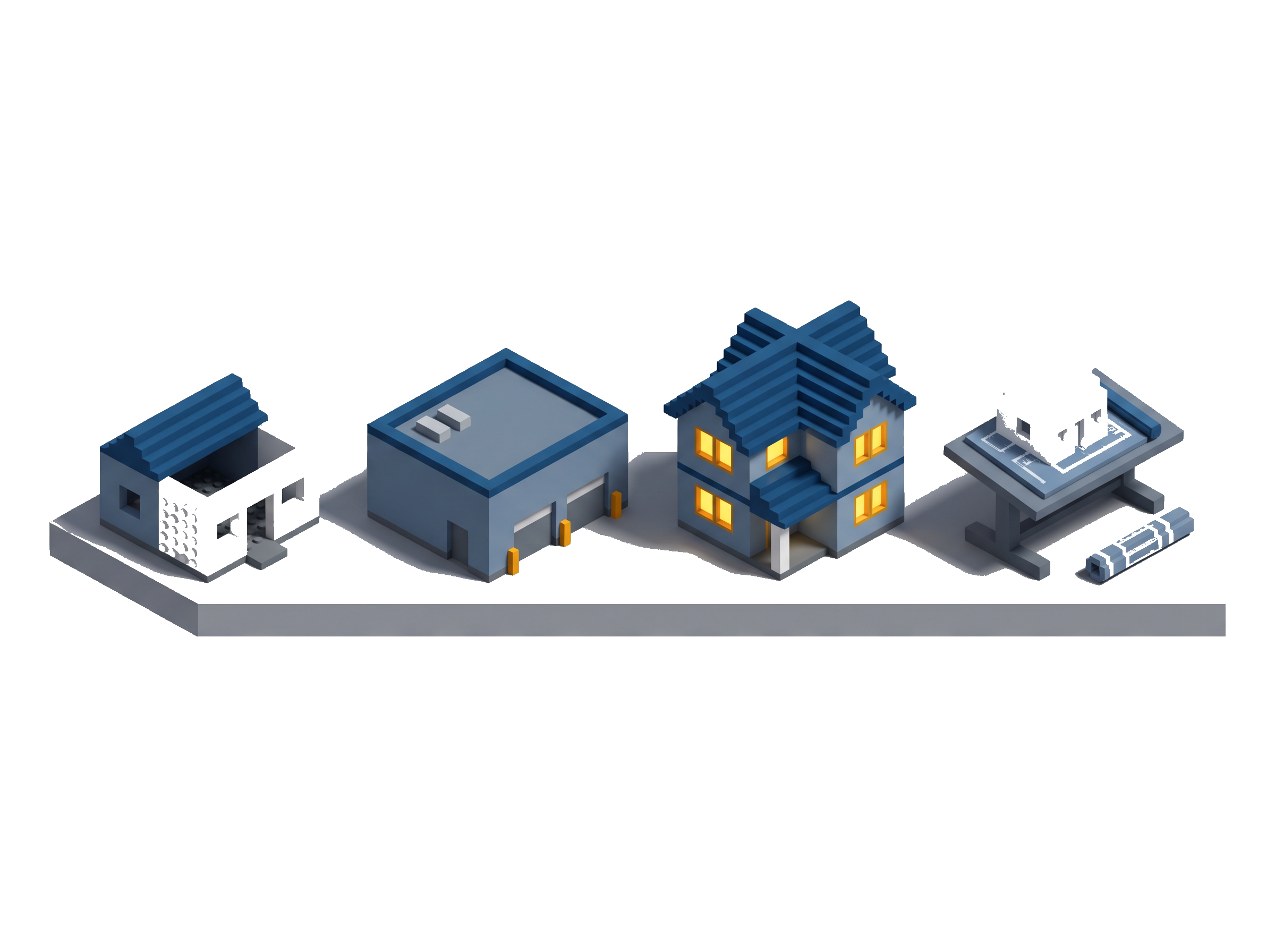 Voxel scene showing four building types side by side on a shared plinth: a remodel, a commercial box, a custom home, and a design-build model on a drafting table — four kinds of firm, one platform.