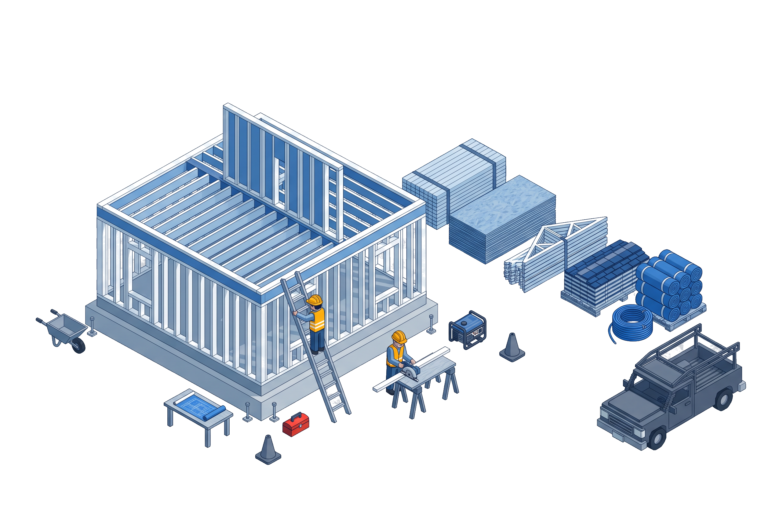 Isometric voxel illustration of a residential home being framed, with two builders in hi-vis, a pickup truck, and five stacks of construction materials in five tones of Yglu blue laid out beside the foundation.