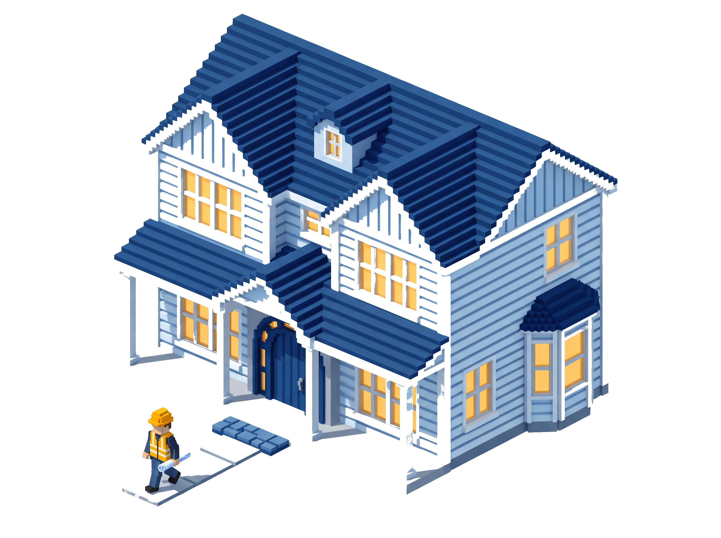 Voxel upscale two-story custom home with warm-lit windows, a covered porch, and a framer walking away with a rolled blueprint — the finished custom home.