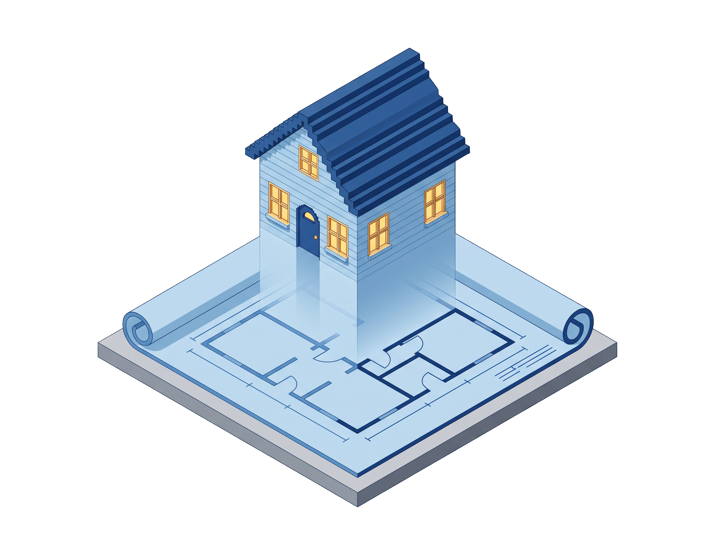 Voxel blueprint unrolled on a concrete plinth with a completed home rising up out of the drawing on the same footprint — design becomes build, one continuous output.