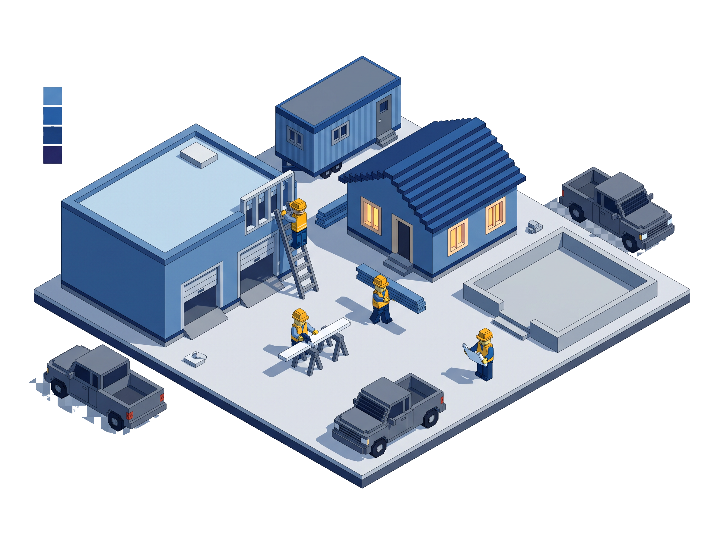 Voxel mid-scale jobsite with three simultaneous projects — a small commercial building, a nearly-finished home, and a poured foundation — with four crew members and two pickup trucks coordinating across them.