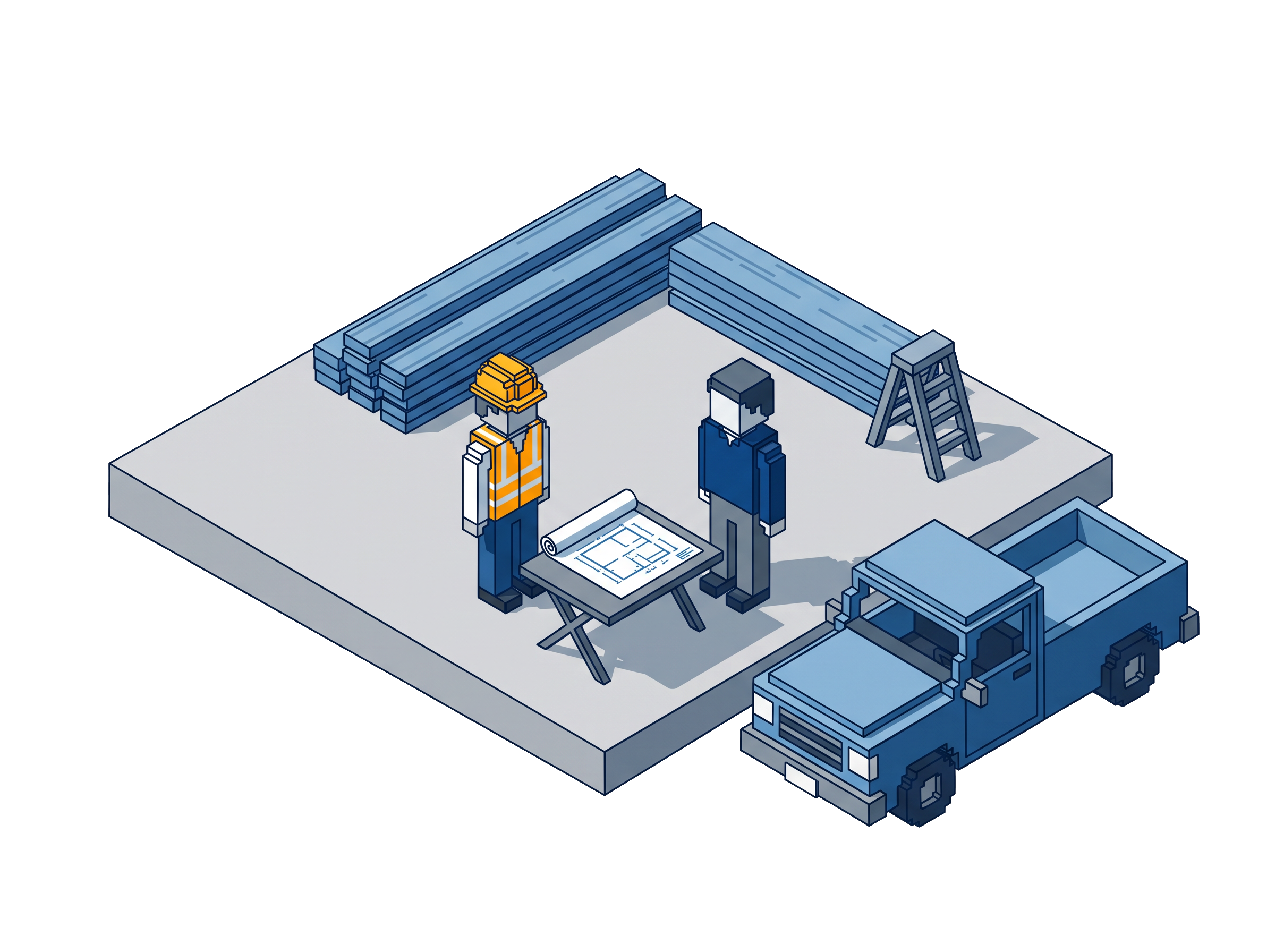 Voxel scene of a builder and Joseph from Yglu meeting on a bare concrete foundation with a blueprint unrolled on a folding table — first conversation on site.