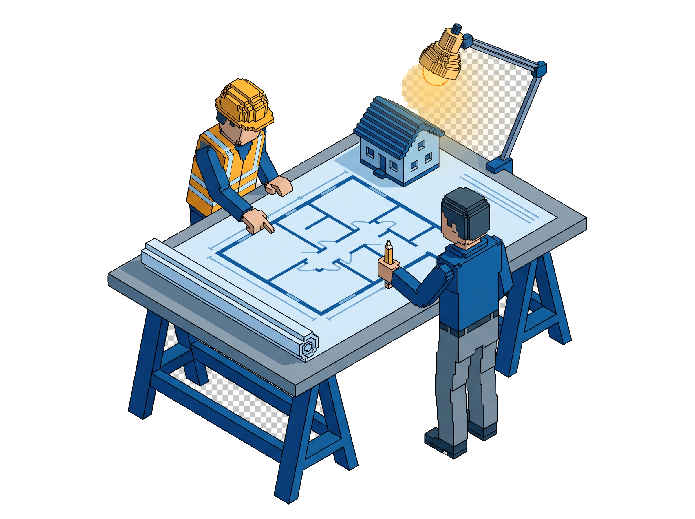Voxel office scene: a builder in a hard hat and Joseph from Yglu sitting side by side at a monitor showing blue UI tiles — live sessions, side by side.