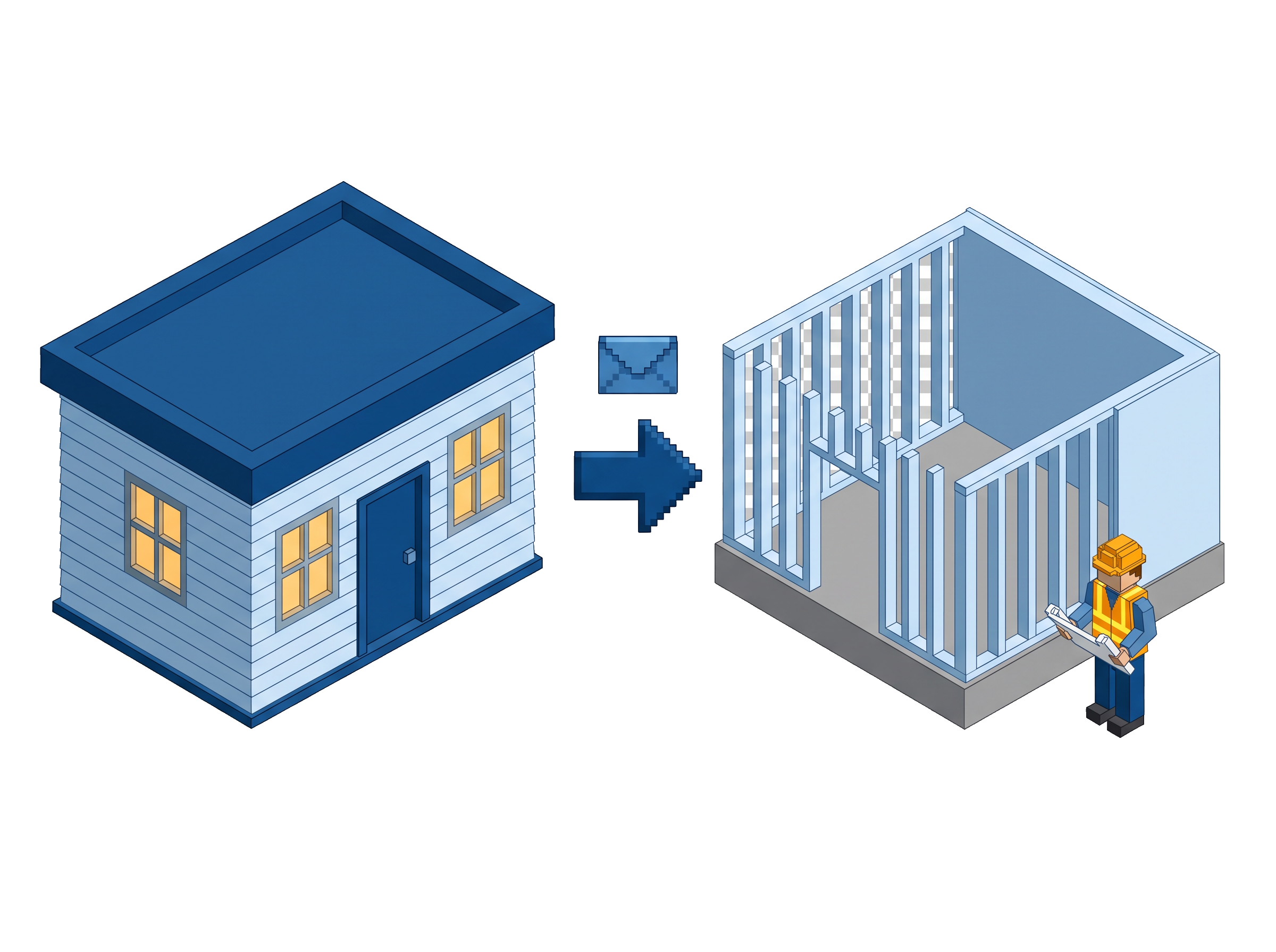 Split voxel scene: an office desk with a monitor on one side and a framer at a jobsite with a tablet on the other, connected by a thin blue line — office and field on one system.